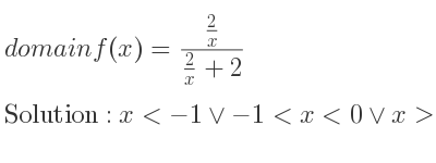 The domain of f(x)=(2/x)/(2/x+2) is x<-1\lor-1<x<0\lor x>0